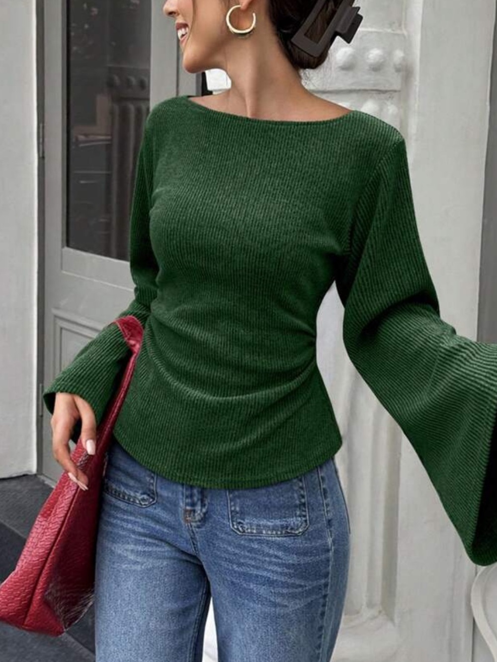 Green Bell-Sleeve Knit Sweater